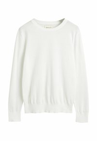 Biały sweter o okrągłym dekolcie, wykonany z miękkiego materiału, z długimi rękawami i prążkowanym dołem. Posiada minimalne logo na rękawie.