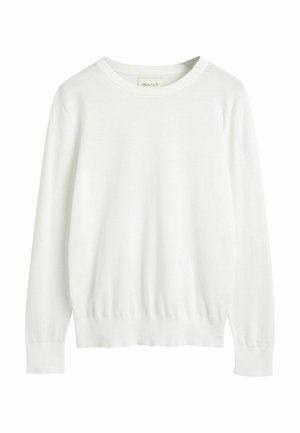 Maglione bianco in morbido materiale con scollatura rotonda, maniche lunghe e orlo a coste. Presenta un branding minimale sulla manica.