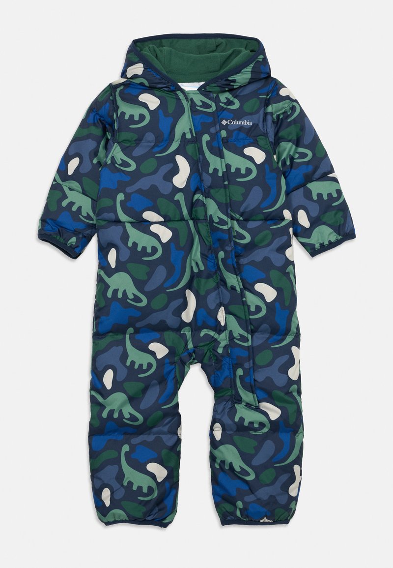 Polstret baby snowsuit i blått, grønt og hvitt camomønster. Har hette og glidelås foran, med dinosaurmotiver og elastiske mansjetter.