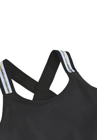 Μαύρο μπικίνι με διασταυρούμενους ιμάντες. Οι ιμάντες διαθέτουν μπλε και χρυσές λωρίδες. Λείος υφασμάτινος ιστός, σχεδιασμένος για άνεση και εφαρμογή.