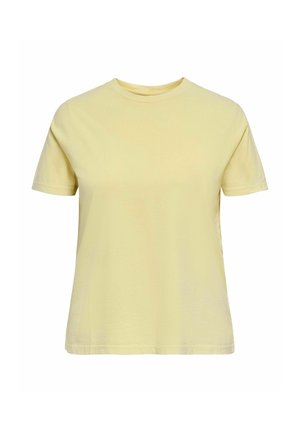 Prosty, jasnożółty bawełniany t-shirt z krótkim rękawem i okrągłym dekoltem, prezentowany na białym tle.