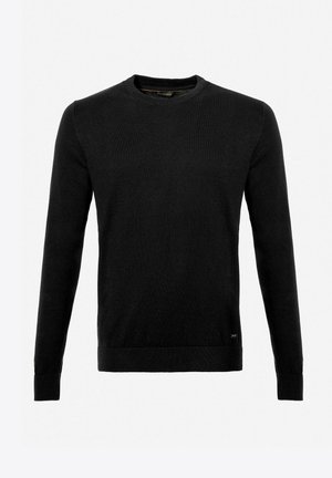 Maglione nero lavorato a maglia con maniche lunghe e scollatura a girocollo. Caratterizzato da una trama morbida e da un piccolo loghetto nella parte inferiore sinistra.