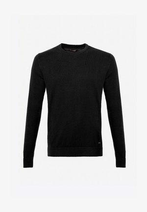 Maglione nero lavorato a maglia con maniche lunghe e scollatura a girocollo. Caratterizzato da una trama morbida e da un piccolo loghetto nella parte inferiore sinistra.