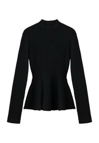 Top lungo a maniche nere a coste con colletto alto e orlo a peplo, caratterizzato da un tessuto testurizzato e un design del corpetto aderente.