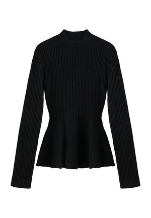 Top negro de manga larga acanalado con un alto cuello y un dobladillo tipo peplum, que presenta una tela texturizada y un diseño de cuerpo ajustado.