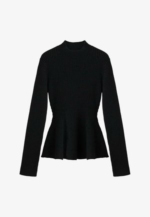 Top negro de manga larga acanalado con un alto cuello y un dobladillo tipo peplum, que presenta una tela texturizada y un diseño de cuerpo ajustado.
