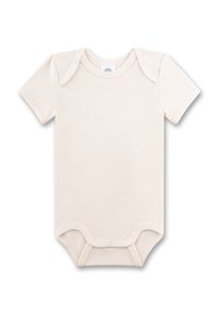 Korte mouwen rompertje in crème, gemaakt van zachte katoen, met drukknopen onderaan en een ronde halslijn met versterkte naden.