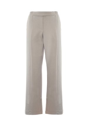 Pantaloni larghi grigio chiaro con vita elastica, realizzati in tessuto morbido, dotati di due tasche frontali e dettagli cuciti.