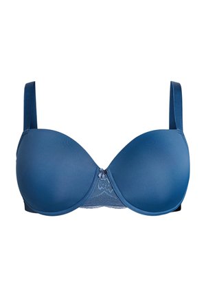 Blå polstret BH med glat stof, blondeunderlag i midten, justerbare stropper og hægteslukning bagpå. Ingen bemærkelsesværdige mønstre eller accenter.