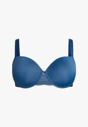 Blå polstret BH med glat stof, blondeunderlag i midten, justerbare stropper og hægteslukning bagpå. Ingen bemærkelsesværdige mønstre eller accenter.
