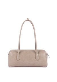 Sac à main rectangulaire en cuir beige avec longues poignées doubles et fermeture éclair supérieure, présenté sur un fond blanc.