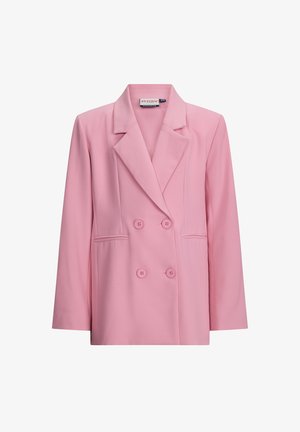 Blazer rosa doppiopetto con rever a punte, due tasche frontali e bottoni coordinati. Realizzato in tessuto liscio e leggero.