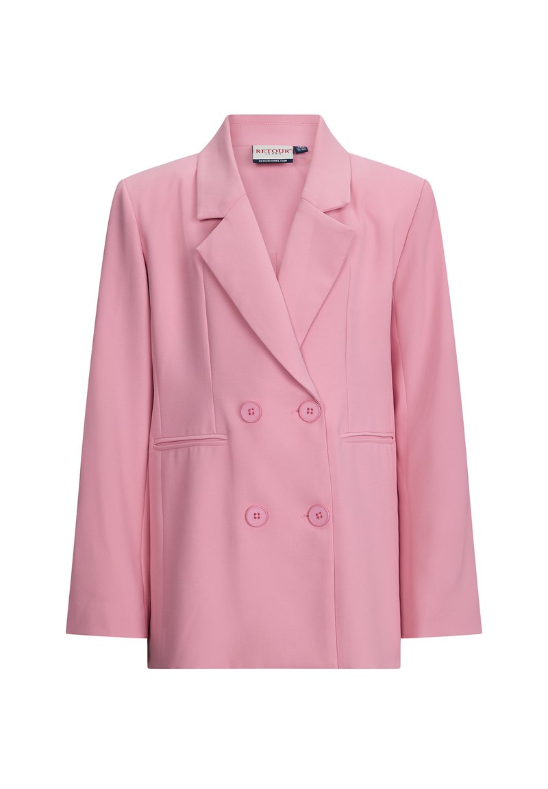 Podwójnie zapięta różowa marynarka z klapami, dwoma przednimi kieszeniami i dopasowanymi guzikami. Wykonana z gładkiego, lekkiego materiału.
