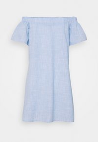 Hellblaues, schulterfreies Kleid mit kurzen, gepufften Ärmeln; aus einem strukturierten Stoff mit einem dezenten Leinenmuster.