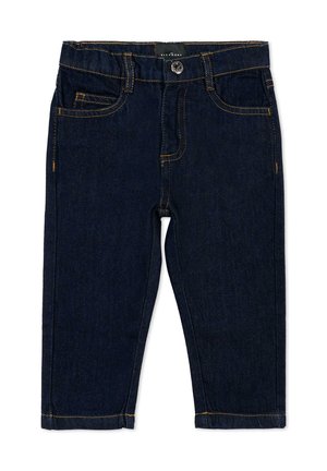 Jeans in denim blu scuro per bambini piccoli con tasche frontali, chiusura con bottoni e cuciture arancioni a contrasto.