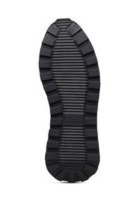 Suola di scarpa in gomma nera con un motivo testurizzato e scanalato e un logo al centro. Presenta un bordo arrotondato e scanalature pronunciate per una maggiore aderenza.