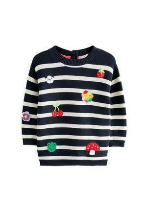Navy and white striped knit sweater featuring various embroidered motifs: a panda, flowers, cherries, a strawberry, and a mushroom.
