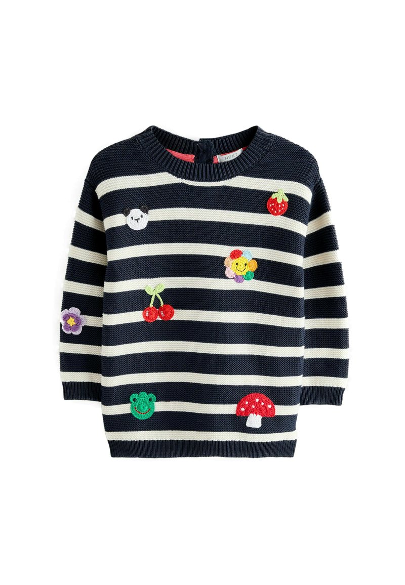 Navy und weiß gestreifter Strickpullover mit verschiedenen gestickten Motiven: einem Panda, Blumen, Kirschen, einer Erdbeere und einem Pilz.