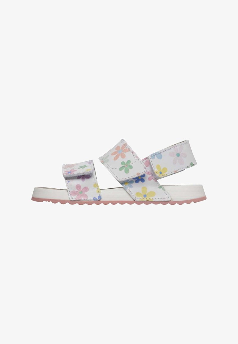 Bílé sandály s květinovým vzorem v pastelových barvách. Mají dva nastavitelné popruhy a růžovou vlnkovanou podrážku. Plný design pro pohodlí.