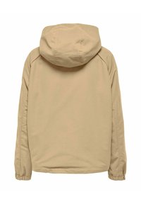 Veste à capuche beige avec manches longues et poignets élastiques, vue de dos sur fond blanc.