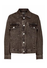 Brun denimjakke med krave, to brystlommer og sølvfarvede trykknapper. Har en blød tekstur og en klassisk pasform med lange ærmer.
