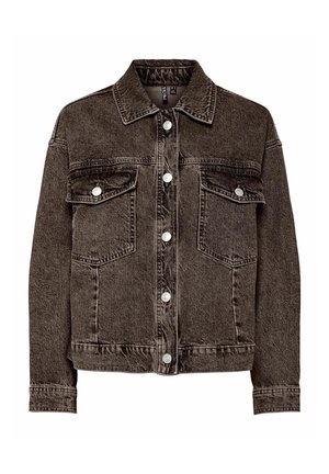 Giacca in denim marrone con colletto, due tasche sul petto e bottoni a pressione argentati. Presenta una texture morbida e un taglio classico con maniche lunghe.