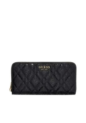 Portefeuille noir Guess à fermeture éclair avec motif matelassé et logo doré indiquant "GUESS EST 1981" sur le devant.