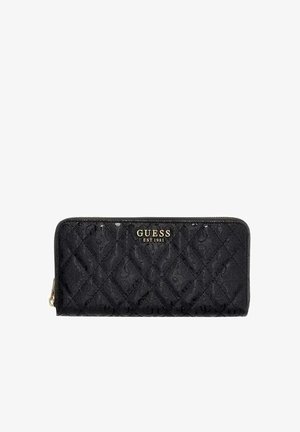 Portafoglio nero Guess con cerniera a tutto giro, motivo trapuntato e logo dorato con la scritta "GUESS EST 1981" sul davanti.