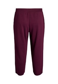 Burgundské zkrácené kalhoty s pružným pasem, hladkým textilem a bočními kapsami. Jednoduchý design bez vzorů nebo dalších akcentů.