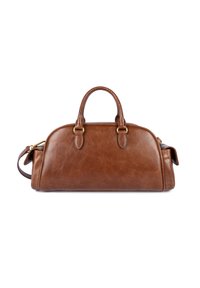 Borsa a mano in pelle marrone con forma arrotondata, doppi manici e dettagli in hardware dorato. Presenta un ampio scomparto principale con tasche laterali.
