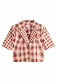 Rot-weißer Karo-Blazer mit kurzen Ärmeln, Reverskragen, einem Einzelknopfverschluss und einer Fronttasche. Strukturierter Stoff mit einem karierter Muster.
