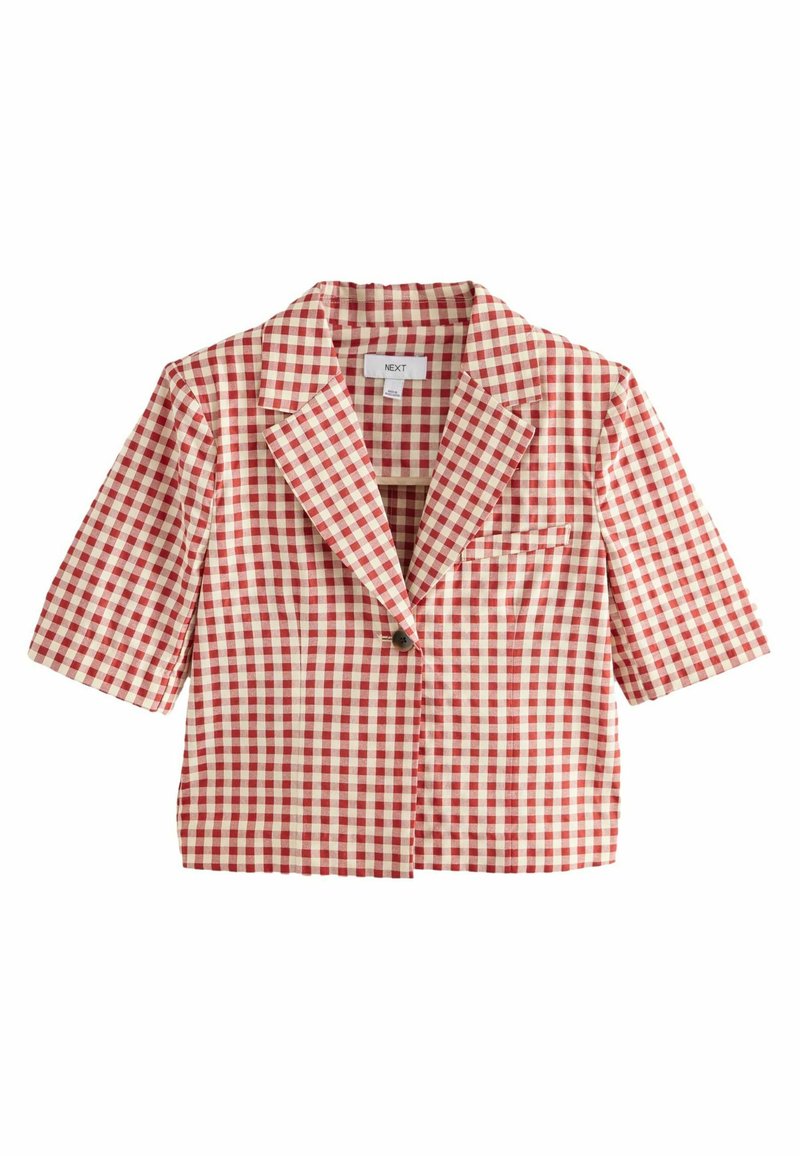 Rot-weißer Karo-Blazer mit kurzen Ärmeln, Reverskragen, einem Einzelknopfverschluss und einer Fronttasche. Strukturierter Stoff mit einem karierter Muster.