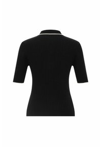 Polo en maille côtes noire avec manches courtes et un liseré blanc le long du col et des bords des manches. Coupe près du corps avec tissu texturé.