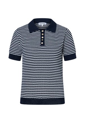 Navy blue and white striped short-sleeve polo shirt with a dark collar and five gold buttons on the placket.
