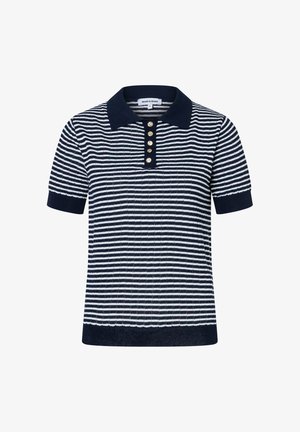 Navy blue and white striped short-sleeve polo shirt with a dark collar and five gold buttons on the placket.