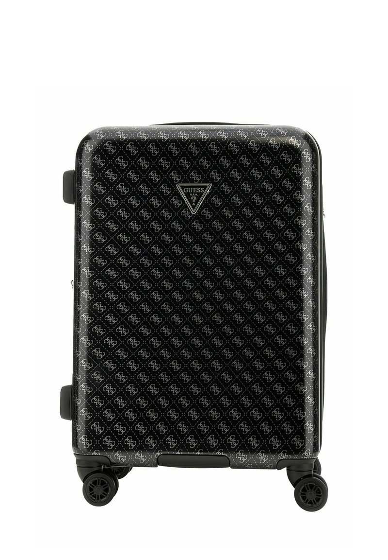 Valigia rigida nera con un motivo a logo ripetuto, dotata di un emblema a forma triangolare del marchio, due ruote e una maniglia laterale.