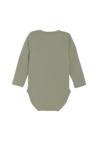 Långärmad bodysuit i dämpad olivgrön. Mjuk bomullsmaterial med rundad halsringning och tryckknappar vid axeln och botten.