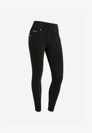 Zwarte denim leggings met een hoge tailleband, voorzien van een gladde textuur, voorzakken met subtiele hardware accenten en een nauwsluitend ontwerp.