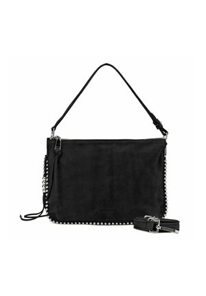Borsa a tracolla in suede nero con borchie argentate lungo il lato, chiusura con zip superiore e tracolla regolabile inclusa. Texture liscia e design minimalista.