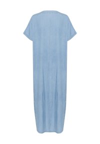 Šviesiai mėlyna džinsinė suknelė, laisvas siluetas, trumpomis rankovėmis, apvaliu iškirpimu, iki kelių, su šoninėmis skeltėmis patogiam judėjimui, lygus tekstūras.