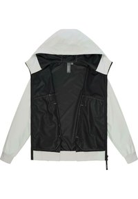 Lichtgrijze hoodie met een zwarte binnenkant, ritssluiting en twee voorzakken. Kenmerken zijn elastische manchetten en een eenvoudig ontwerp.