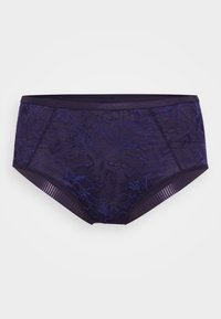 Lace hipster panties in deep purple with floral pattern, featuring a smooth waistband and contrasting ribbed accents along the sides.