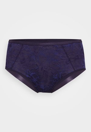 Lace hipster panties in deep purple with floral pattern, featuring a smooth waistband and contrasting ribbed accents along the sides.