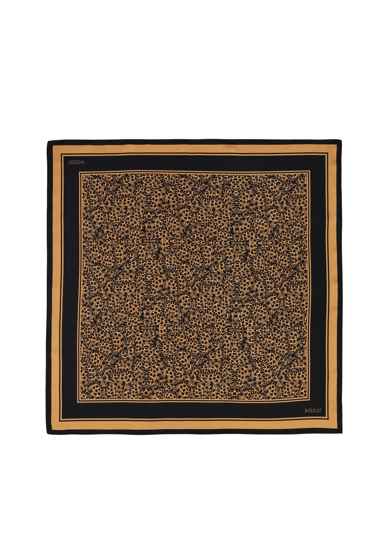 Sciarpa con stampa leopardata in nero e beige. Materiale simile alla seta con bordo rifinito. Presenta raffinati motivi di animali su tutta la superficie.