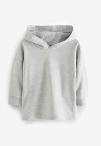 Sweatshirt à capuche gris clair avec une texture douce. Présente une coupe décontractée, des manches courtes et un capuchon avec cordon de serrage. Design simple, sans motifs.
