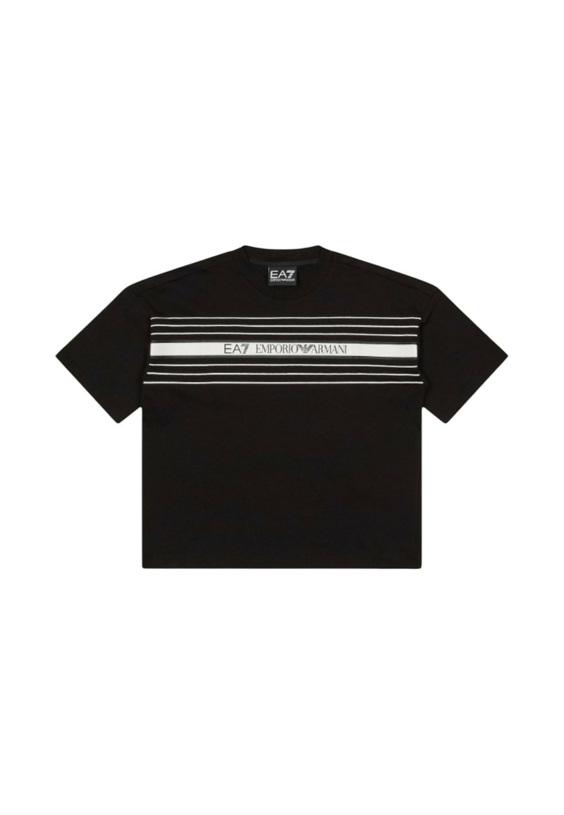 T-shirt in cotone nero con collo a giro, caratterizzata da strisce orizzontali bianche e logo "EA7 Emporio Armani" centrato sul petto.