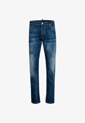 Blaue Jeans aus Denim mit geradem Schnitt, verwaschenem Finish, fünf Taschen und Knopfverschluss am Bund. Ver distressed Details an den Oberschenkeln.