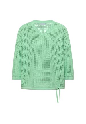 Hellgrüner gestrickter Pullover mit dreiviertel Ärmeln, V-Ausschnitt, offenem Strickmuster und einem Kordelzug am Saum.