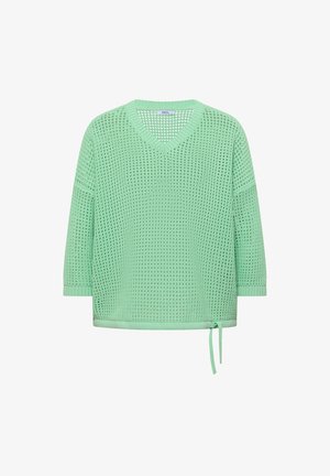 Pull tricoté vert menthe avec manches trois quarts, col en V, motif à maille ouverte et détail avec cordon au bas.