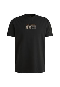 Čierne bavlnené tričko s krátkymi rukávmi, s potlačeným logom a textom v zlatej a bielej farbe na prednej strane, okrúhly výstrih.